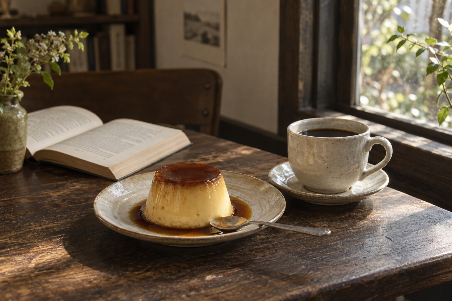読書のおともにコーヒーとカスタードプリン。サンプル写真